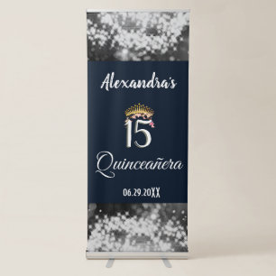 Elegant Glitter Navy Silver Quinceañera Spanish Retractable Banner