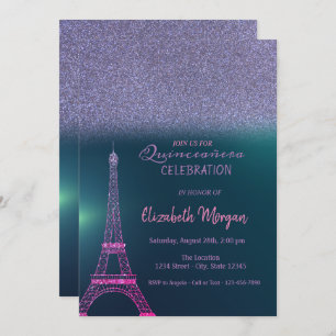 Elegant Glitter Ombre, Eiffel Tower Quinceanera Invitation