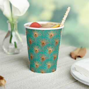 Elegant Glitter Peacock Feathers Pattern Paper Cups