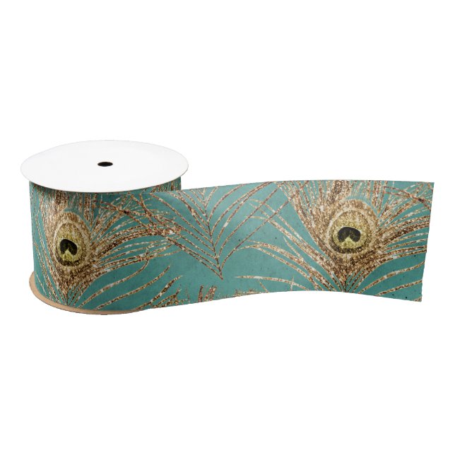 Elegant Glitter Peacock Feathers Pattern  Satin Ribbon (Spool)