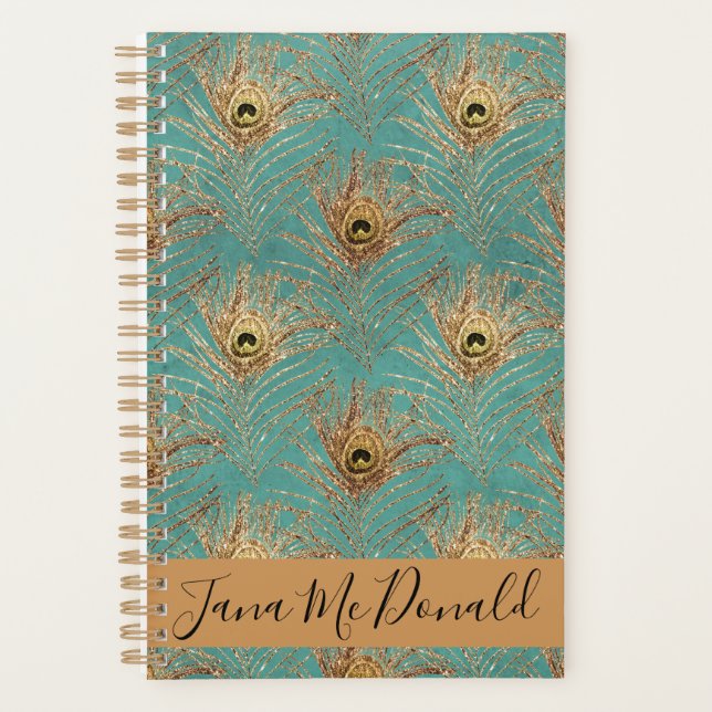 Elegant Glitter Peacock Feathers Personalised  Planner (Front)