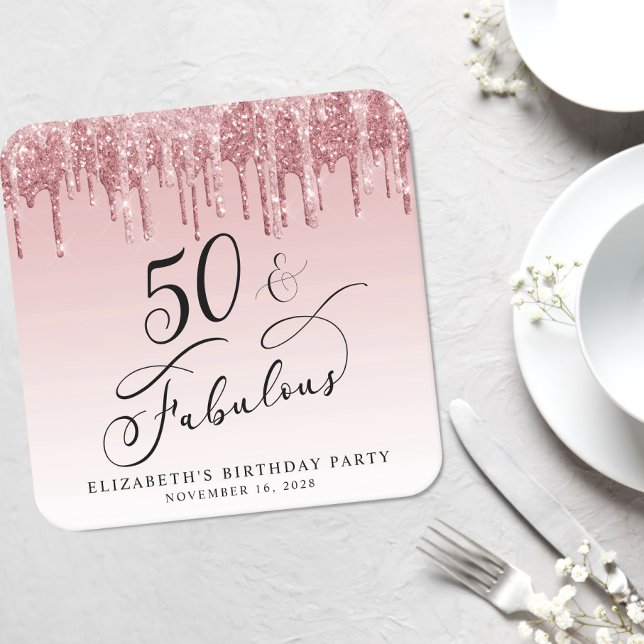 Elegant Glitter Pink Rose Gold 50th Birthday Party Square Paper Coaster (Creator Uploaded)