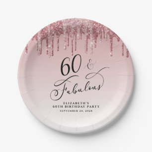 Elegant Glitter Pink Rose Gold 60th Birthday Party Paper Plate