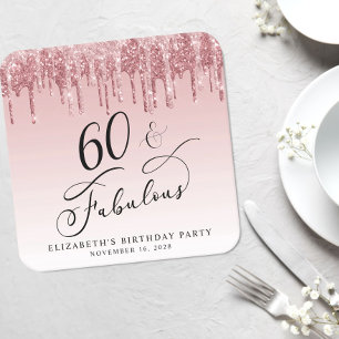 Elegant Glitter Pink Rose Gold 60th Birthday Party Square Paper Coaster