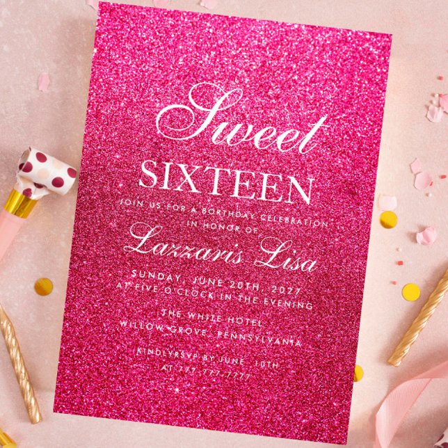 Elegant Glitter Pink Sweet Sixteen 16 Birthday Invitation (Creator Uploaded)