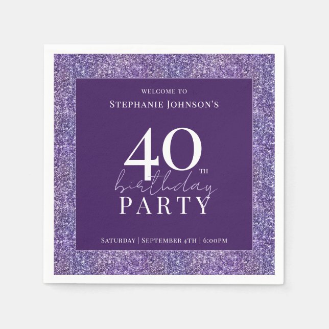 Elegant Glitter Purple 40th Birthday Party Napkin (Front)