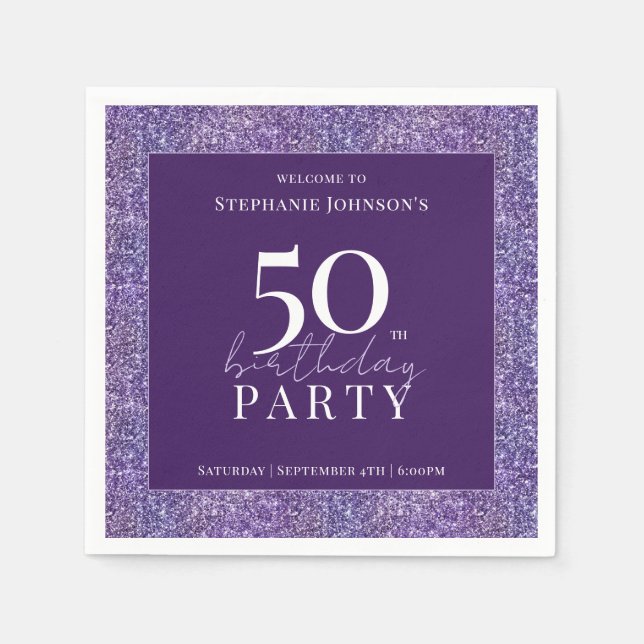 Elegant Glitter Purple 50th Birthday Party Napkin (Front)