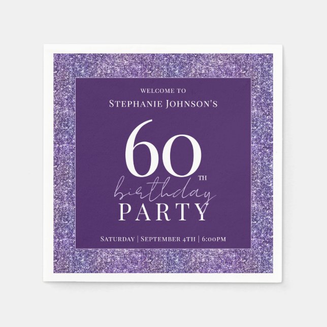Elegant Glitter Purple 60th Birthday Party Napkin (Front)