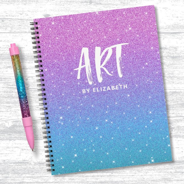 Elegant Glitter Purple Blue Ombre Sketchbook Notebook (A cute purple and blue glitter sketchbook with the word ART. Personalize it with your name.)