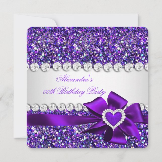 Elegant Glitter Purple Heart Bow Birthday Party Invitation (Front)