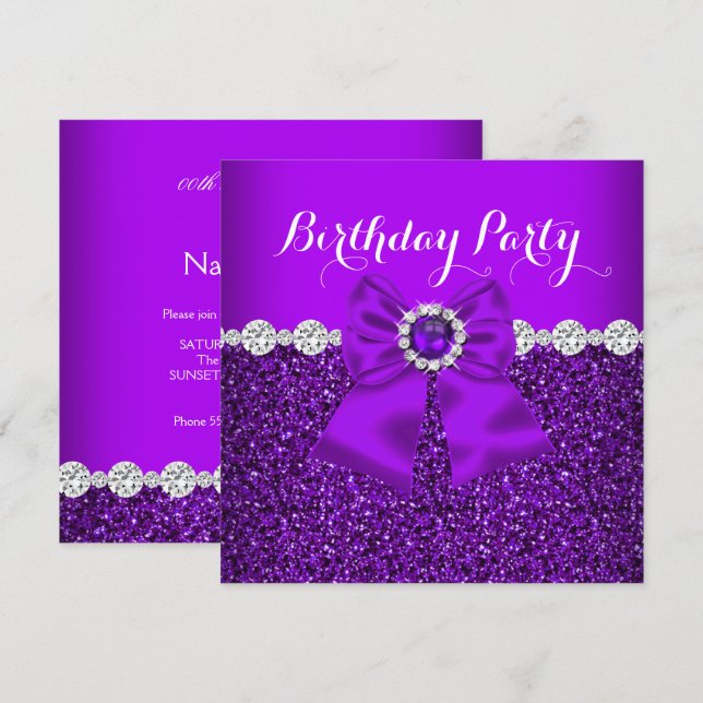 Elegant Glitter Purple Pearl Diamonds Bow Birthday Invitation (Front/Back)