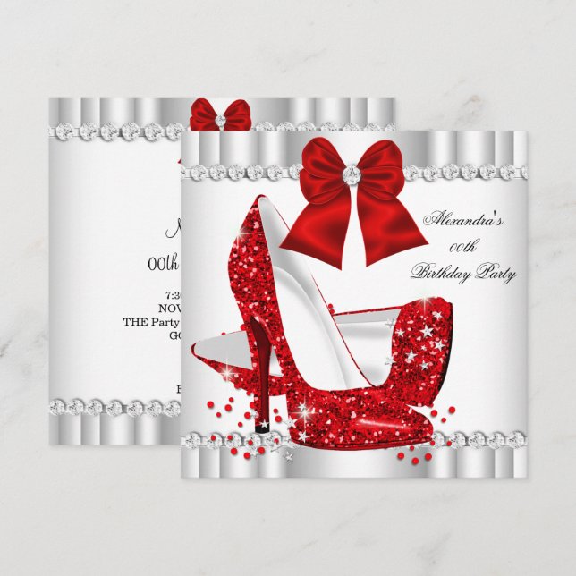 Elegant Glitter Red Glamour High Heels White Invitation (Front/Back)