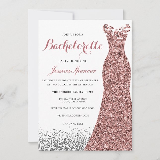 Elegant Glitter Rose Gold Dress Bachelorette Party Invitation (Front)
