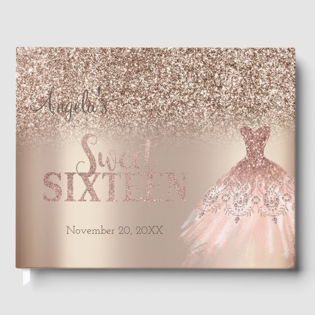 Elegant Glitter Rose Gold Dress Bokeh Sweet 16 Guest Book (Front)
