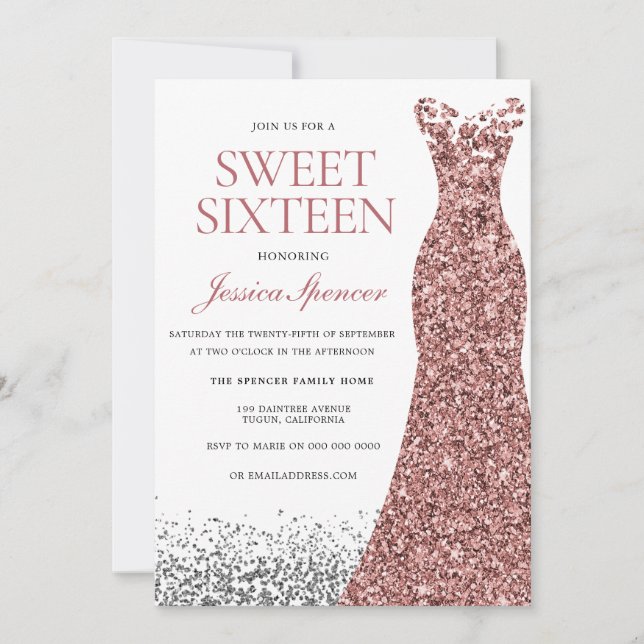 Elegant Glitter Rose Gold Dress Sweet 16 Invite (Front)