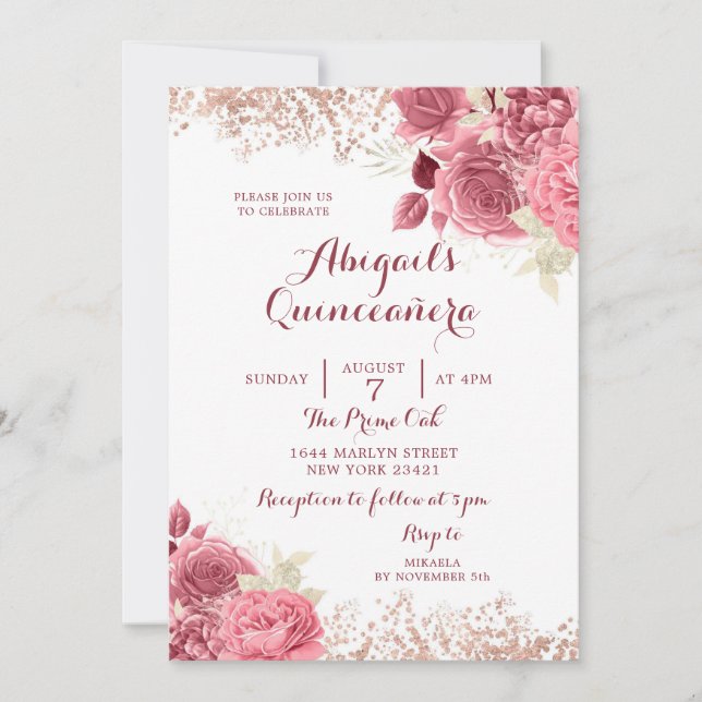 Elegant Glitter Rose Gold Floral Quinceañera Invitation (Front)