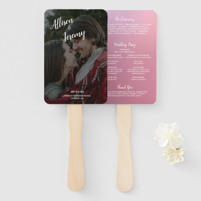 Elegant Glitter Rose Gold Photo Wedding Program Hand Fan (Front and Back)