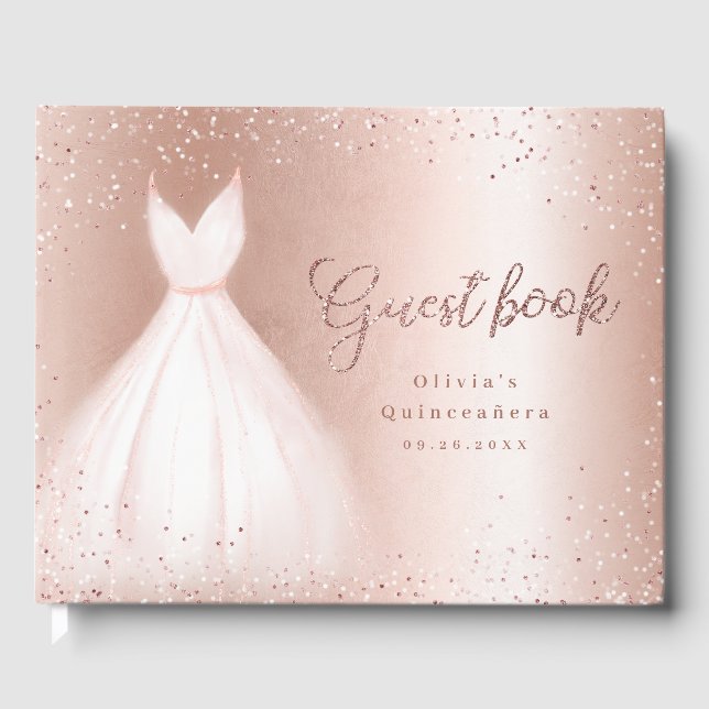 Elegant glitter rose gold pink dress quinceañera guest book (Front)