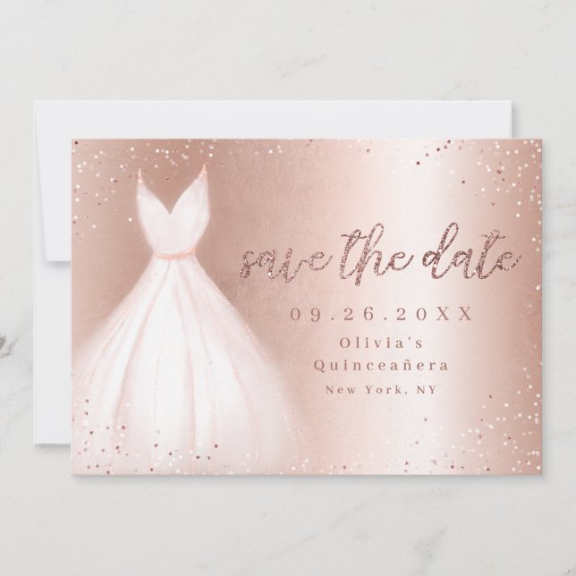 Elegant glitter rose gold pink dress save the date (Front)