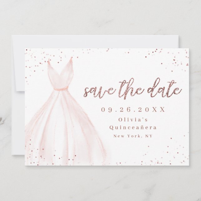 Elegant glitter rose gold pink dress save the date (Front)