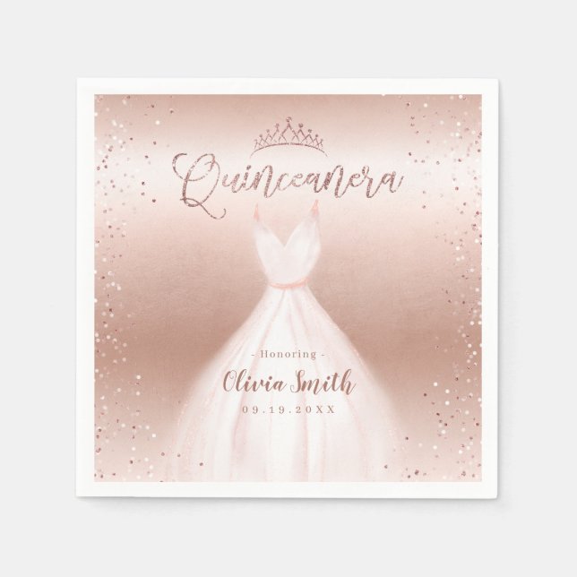 Elegant glitter rose gold with dress quinceañera napkin (Front)