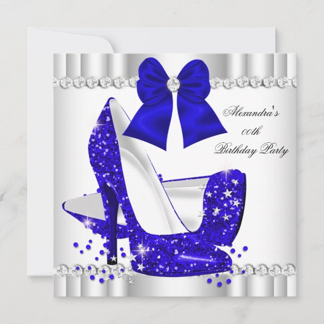 Elegant Glitter Royal Blue Glamour High Heel White Invitation (Front)