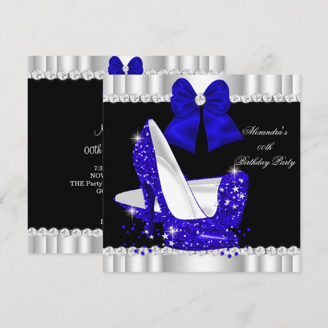 Elegant Glitter Royal Blue Glamour High Heels Invitation (Front/Back)
