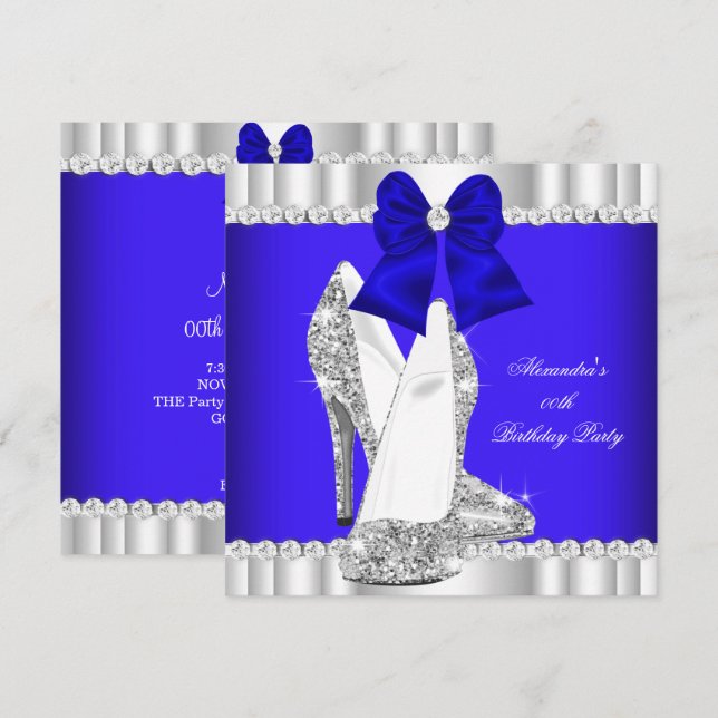 Elegant Glitter Royal Blue Silver High Heels 2 Invitation (Front/Back)