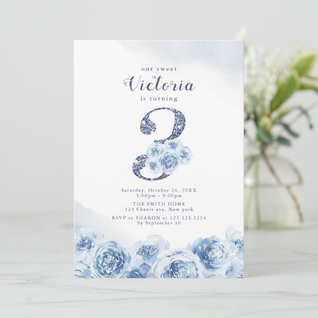 Elegant glitter script blue floral 3rd birthday invitation (Standing Front)
