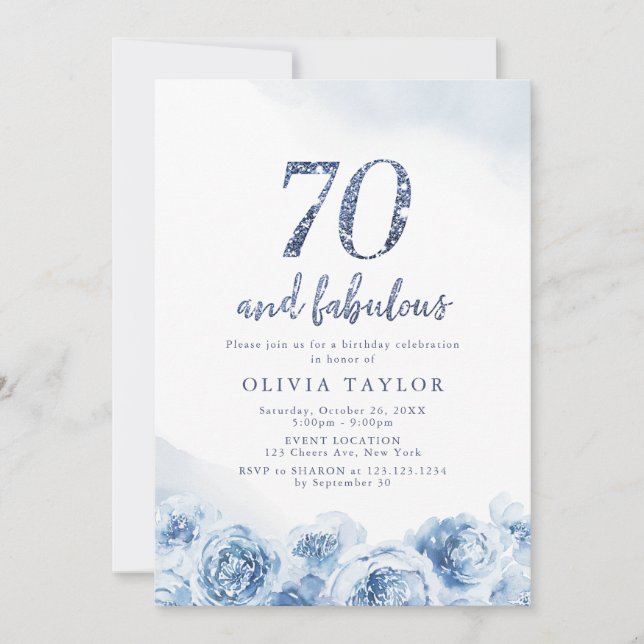 Elegant glitter script blue floral 70th birthday invitation (Front)