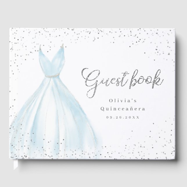 Elegant glitter silver blue dress quinceañera guest book (Front)