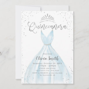 Elegant glitter silver blue dress Quinceañera Invitation
