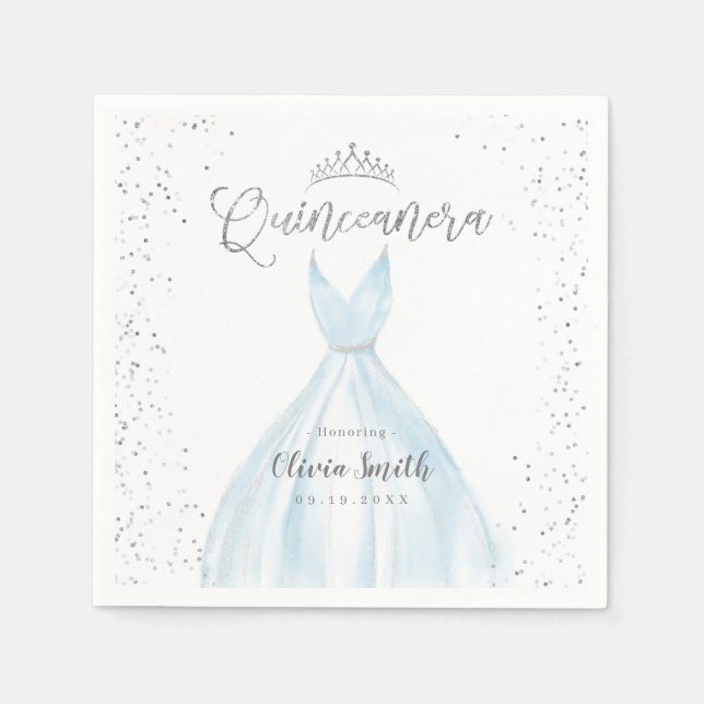 Elegant glitter silver blue dress quinceañera napkin (Front)