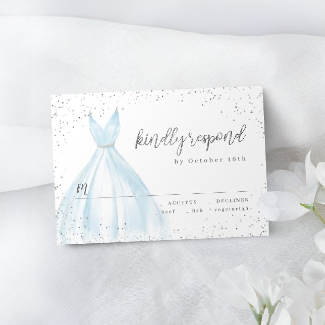 Elegant glitter silver blue dress quinceañera RSVP Card (Elegant glitter silver blue dress quinceañera RSVP)