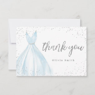Elegant glitter silver blue dress quinceañera thank you card