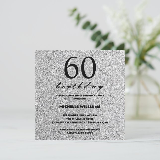Elegant Glitter Silver Calligraphy Birthday (Standing Front)