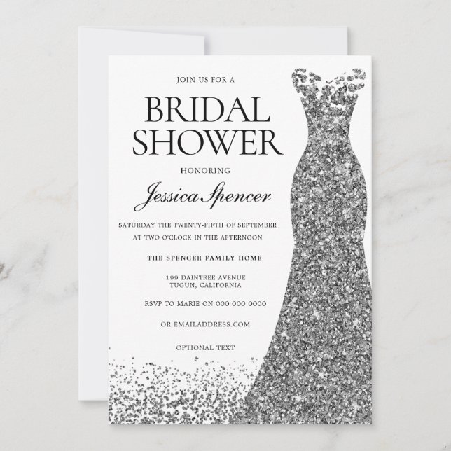 Elegant Glitter Silver Dress Bridal Shower Invite (Front)
