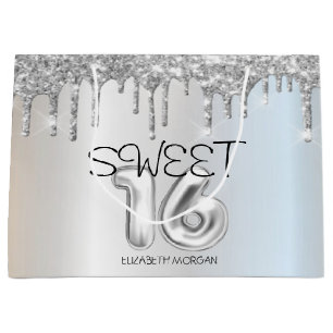 Elegant Glitter Silver Drips Sweet 16 Large Gift Bag