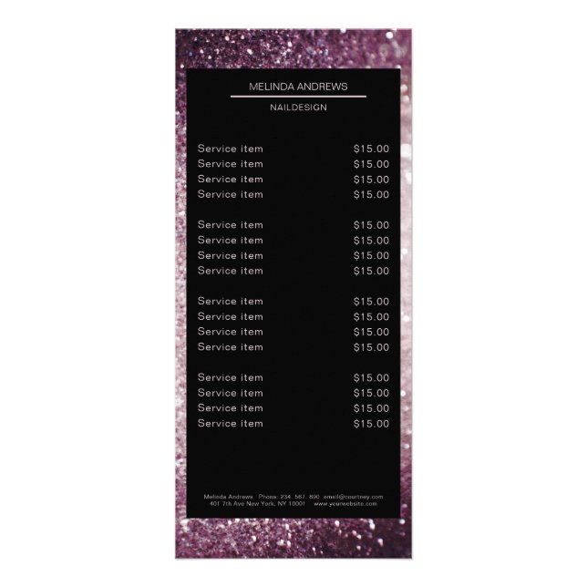 Elegant Glitter Silver Lila Pricelist Poster Rack Card (Front)