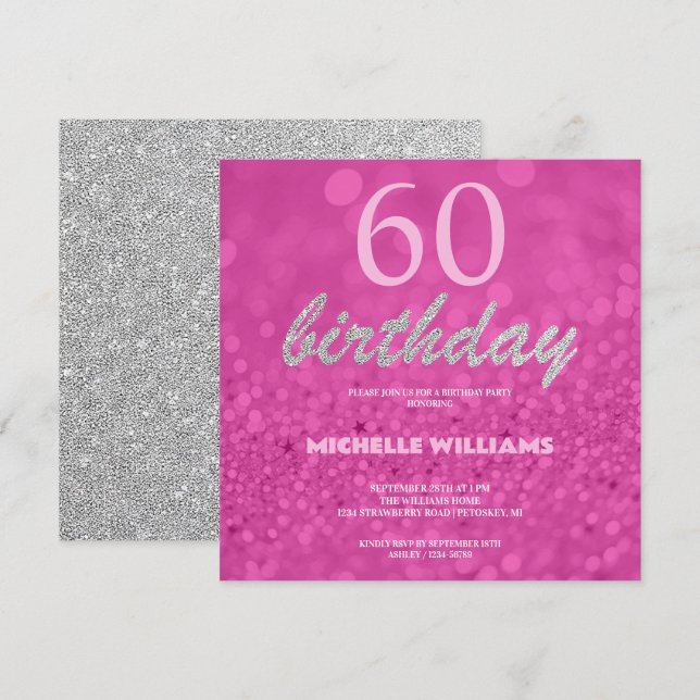 Elegant Glitter Silver Pink Calligraphy Birthday (Front/Back)