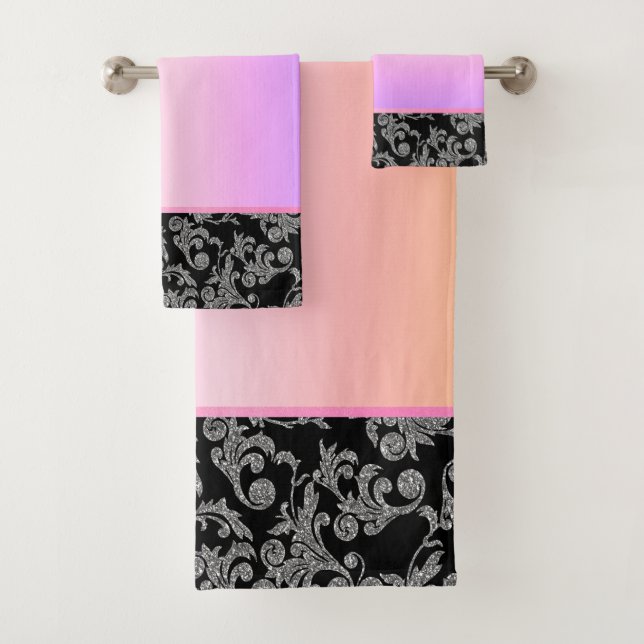 Elegant Glitter Silver Swirls Ombre Bath Towel Set (Insitu)