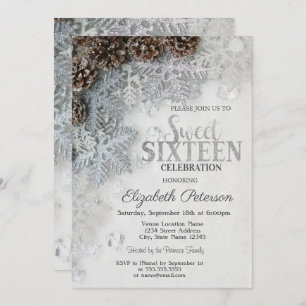 Elegant Glitter Snowflakes Pine Cones  Sweet 16  Invitation