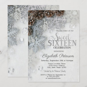 Elegant Glitter Snowflakes Pine Cones  Sweet 16  Invitation