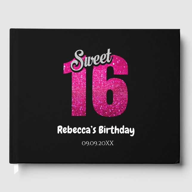 Elegant Glitter Sparkle Sweet 16 Birthday Guest Book (Front)