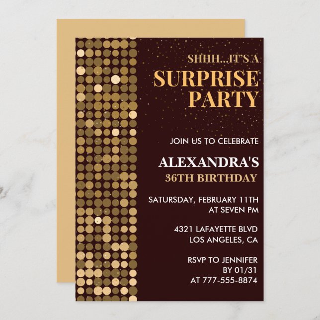 Elegant Glitter Surprise party Gold 36th birthday Invitation (Front/Back)