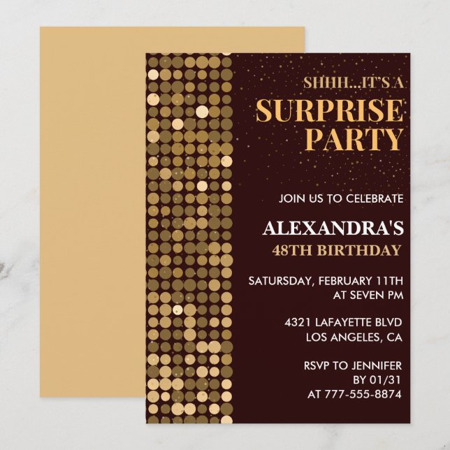 Elegant Glitter Surprise party Gold 48th birthday Invitation (Front/Back)