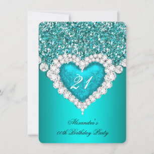 Elegant Glitter Teal Blue Diamond Heart Birthday Invitation