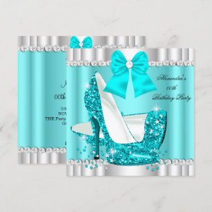 Elegant Glitter Teal Blue Glamour High Heel Silver Invitation