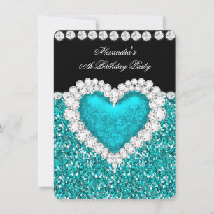 Elegant Glitter Teal Blue Heart Birthday 2 Invitation