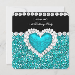 Elegant Glitter Teal Blue Heart Birthday Party Invitation